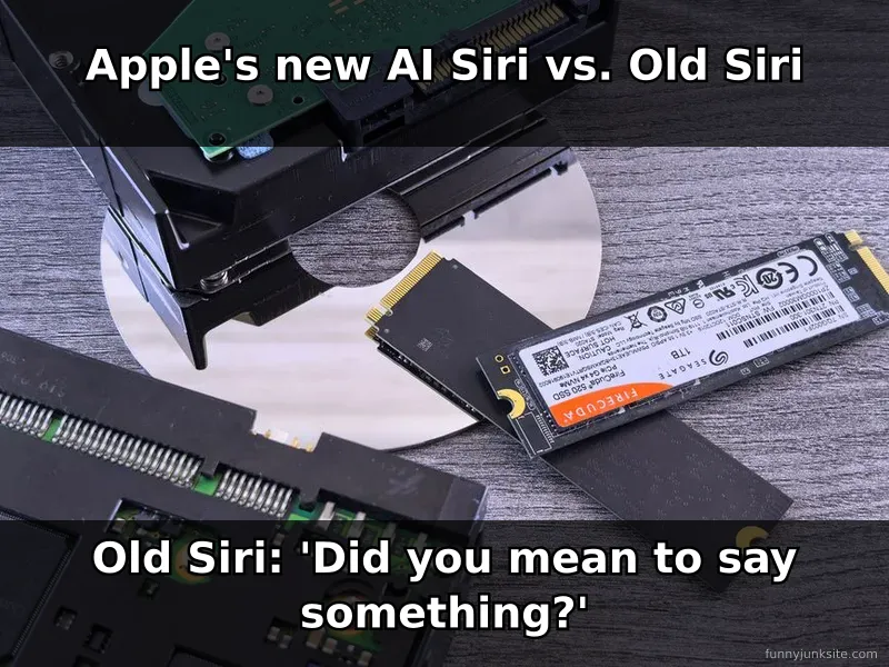 Apple Siri AI upgrade meme comparing new vs old Siri's capabilities, funny technology humor.