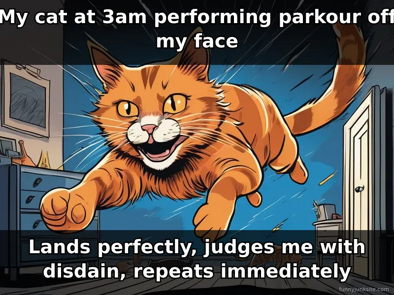 Funny cat meme about cats doing parkour on owners' faces at 3am