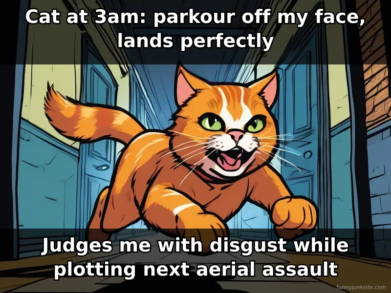 Funny cat meme illustration of grumpy cat doing 3am zoomies, cat memes