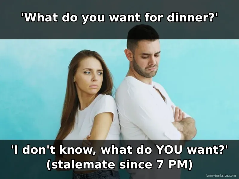 Couples meme about the eternal funny struggle of deciding what to eat for dinner together