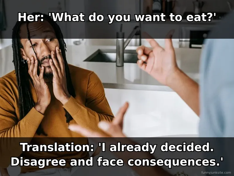 Relationship meme about couples arguing over food choices, funny dating humor
