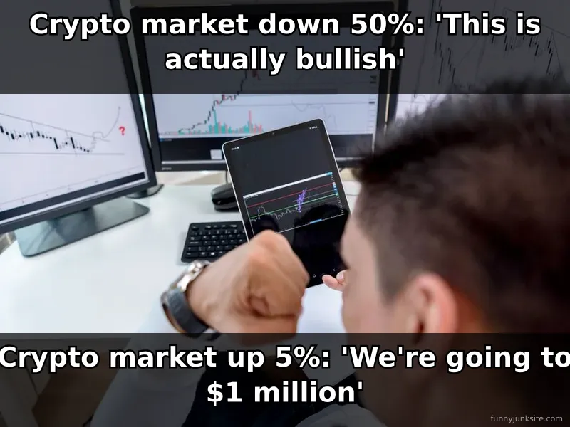 Cryptocurrency meme: trader ignoring market reality. Funny crypto trading humor meme.
