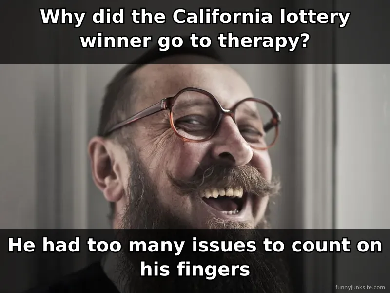 Dad joke meme about California lottery winner needing therapy for counting problems