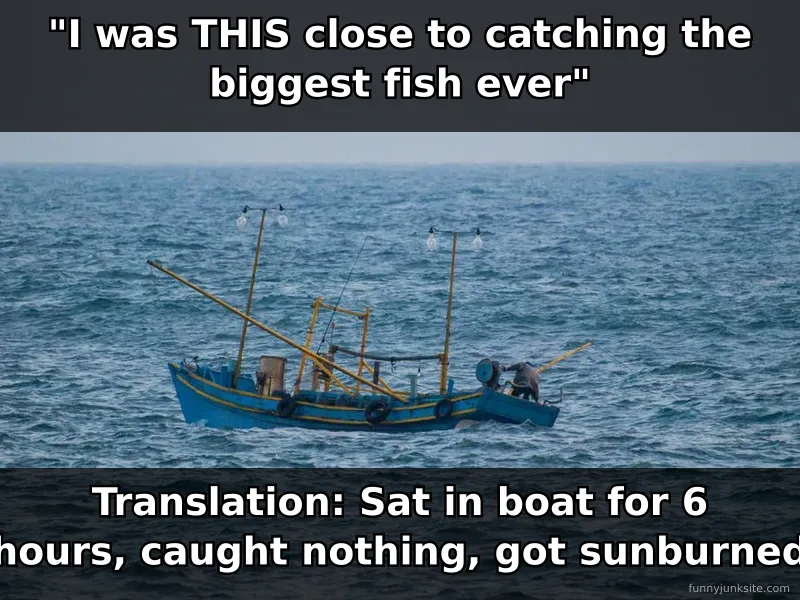 Fishing memes humor about anglers exaggerating catch size, funny angler jokes.