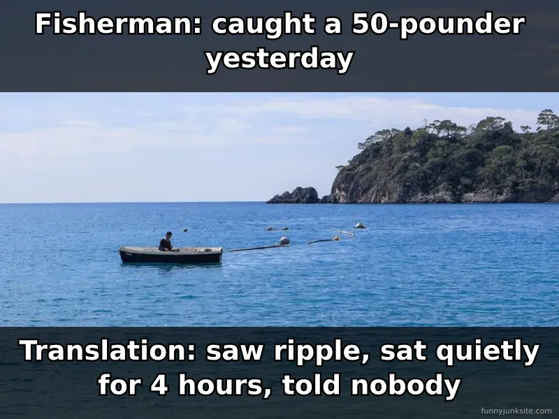 Angler humor meme showing fisherman in boat, jokes about exaggerating fish stories