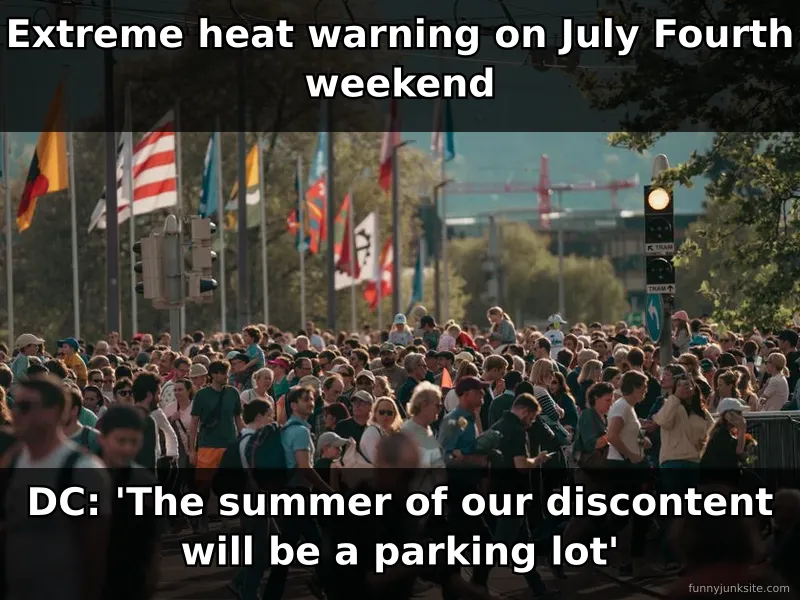 News meme about Fourth of July extreme heat in DC, funny political satire about summer weather and holiday event cancellations