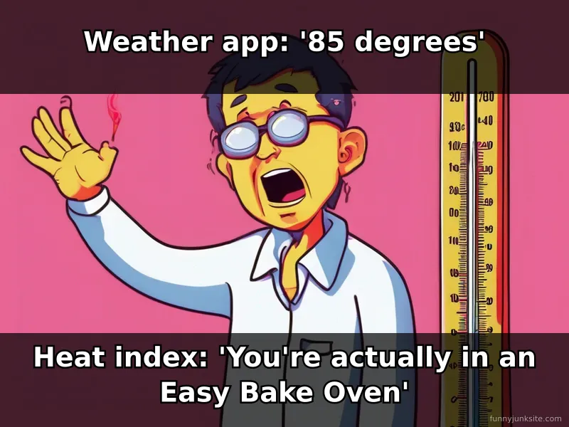Heat index meme showing real vs. reported temperature. Funny weather meme about humidity.