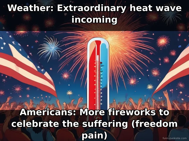 Funny weather meme about Northeast heat wave clashing with July 4th celebrations, summer humor