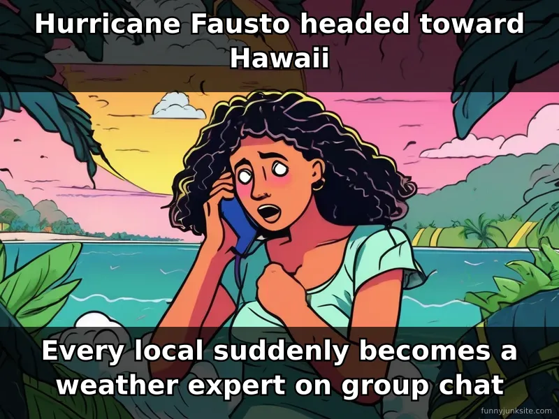 Weather meme: group of people looking at phones nervously, storm clouds in background. Funny hurricane humor.