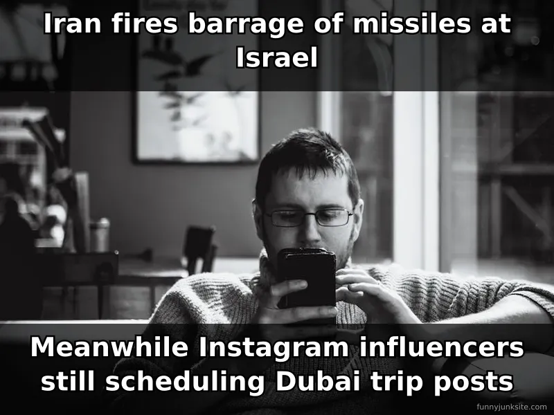 News meme about serious geopolitical conflict contrasted with influencer obliviousness on social media