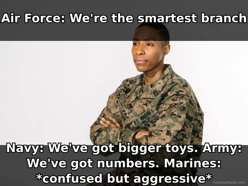 Military jokes meme about Army Navy Air Force Marines rivalry, funny service branch humor and competition