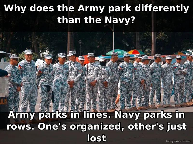 Funny military joke meme poking fun at Army and Navy parking differences