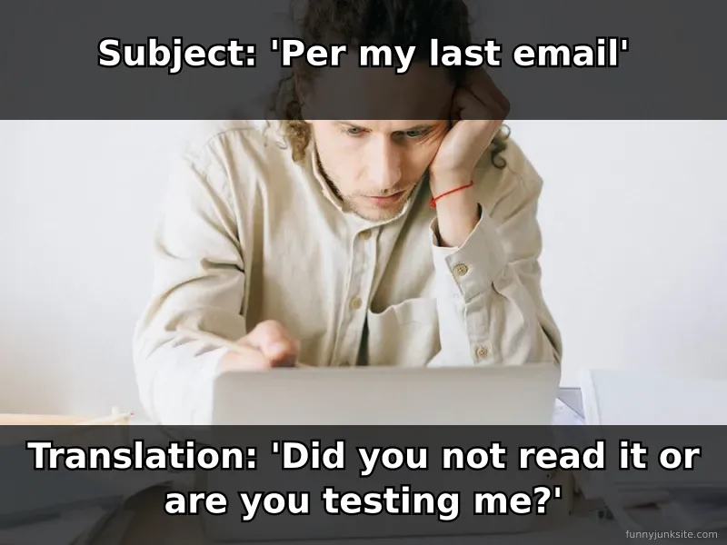 Work meme: frustrated office worker at desk, humorous about passive-aggressive email phrases
