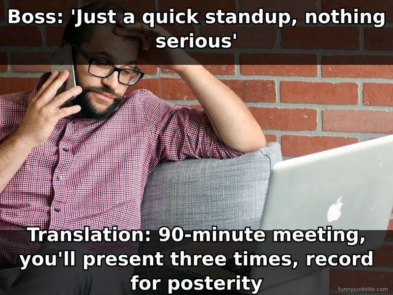 Work meme: stressed office worker on video call, funny caption about pointless meetings