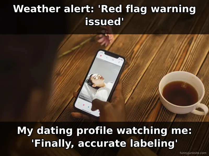 Funny meme about red flag warning and dating, humorous self-aware caption