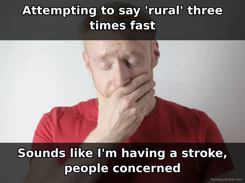 Funny tongue twister meme about struggling to say 'rural' fast, hilarious fail