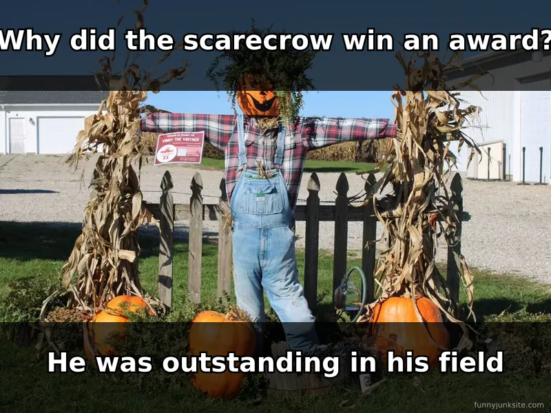 Dad joke meme about a scarecrow in a field, classic corny pun humor that makes you groan and smile.