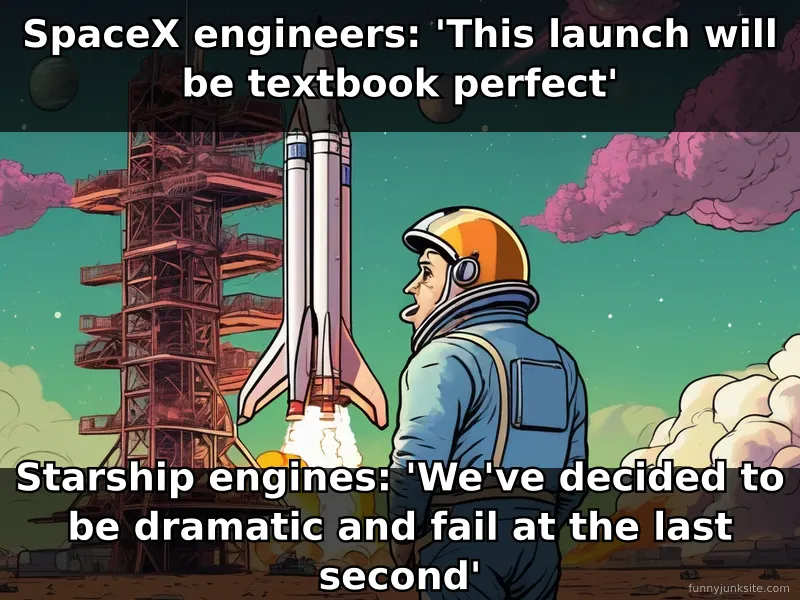 SpaceX Starship meme: rocket with frustrated engineer, funny caption about engine failure