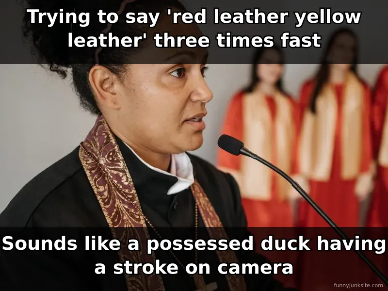 Tongue twister meme about failing to say 'red leather yellow leather' properly