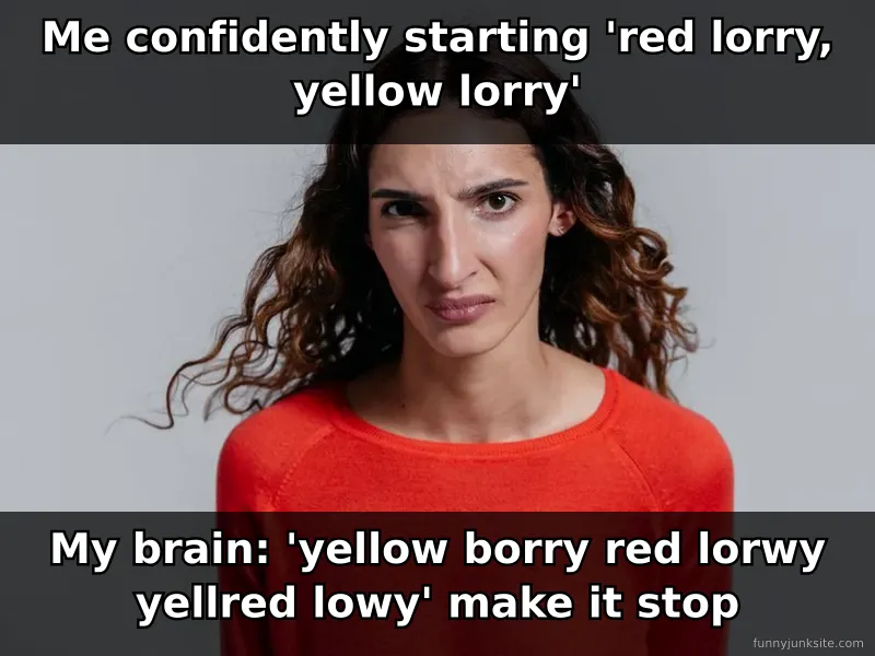 Funny tongue twister meme about failing to say red lorry yellow lorry, confused speaker