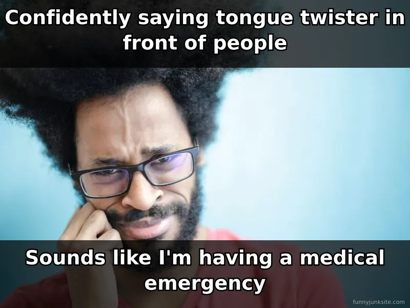 Funny meme about failing to say tongue twister, person looking confused and embarrassed, humorous speech joke