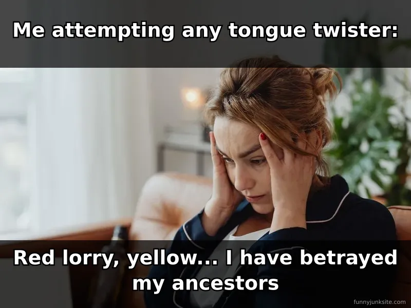 Funny meme of person looking confused and frustrated trying to say tongue twisters
