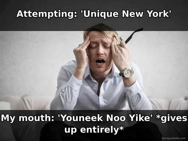 Funny tongue twister meme about failing to say unique new york correctly