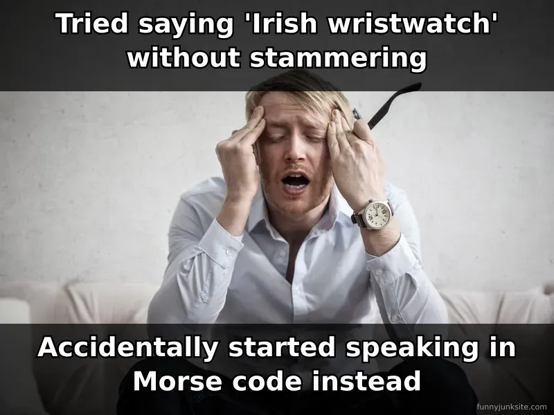 Funny tongue twister meme about failing Irish wristwatch challenge, comedy picture