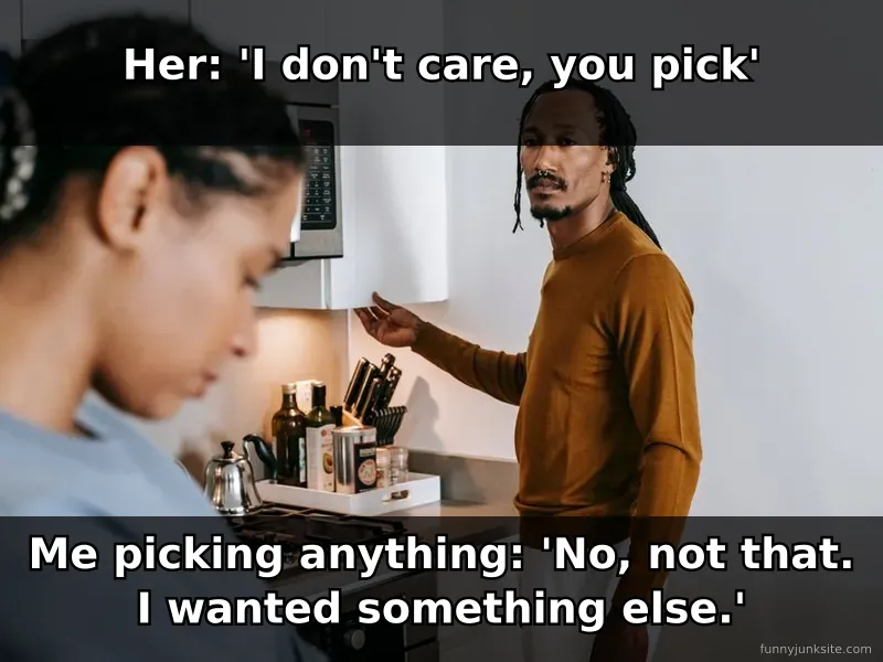 Relationship meme showing confused couple arguing, funny couples jokes about food choices and indecision in dating