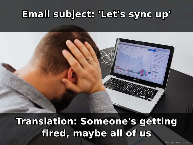 Funny work meme about the dread of vague email subject lines in office culture.